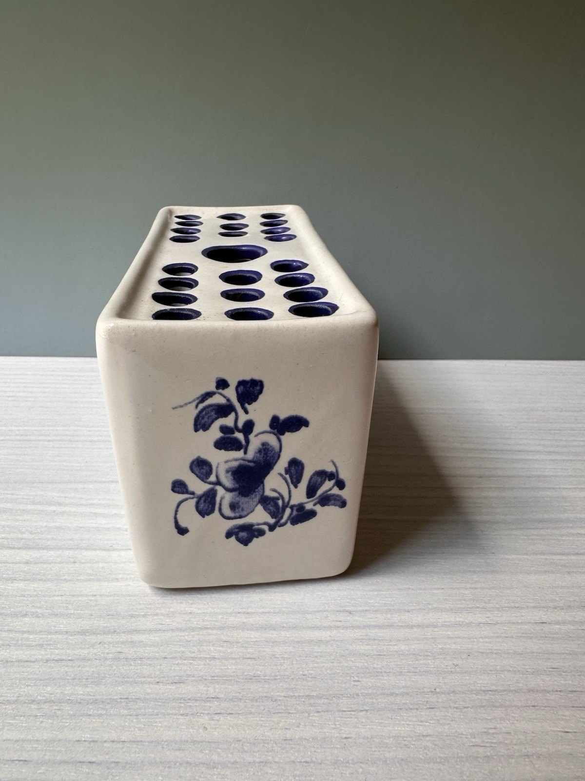 Hand Painted Ceramic Blue and White Flower Frog Vase, 1992 Made in Portugal