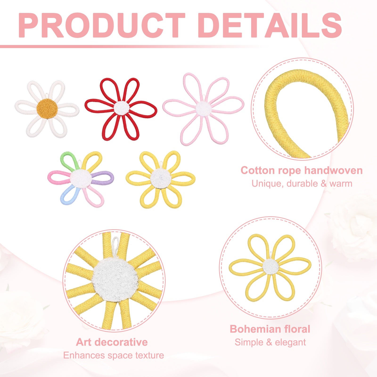 3Pcs Daisies Floral Wall Decor 10″ Flower Art Decor Woven Macrame Yellow,