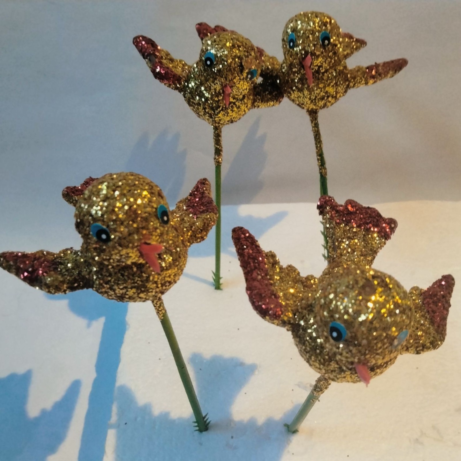 Glitter Gold Bird Ornament Green Wire Stem Decoration Crafting Lot 4