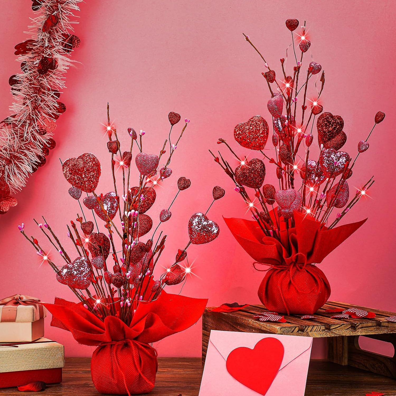 Ganeen 2 Pack Valentines Heart Table Tree Decorations 18 Inch LED Light up