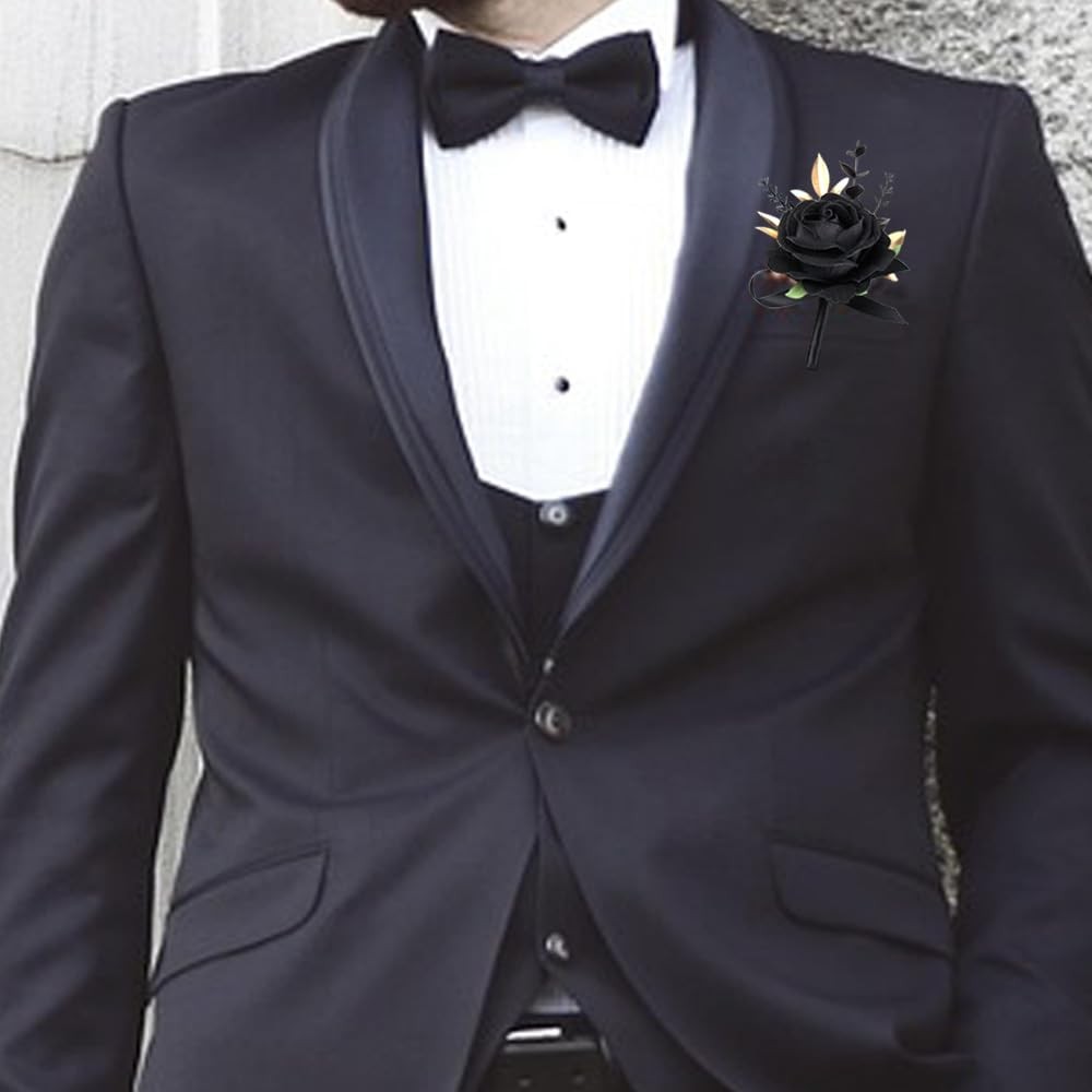 1 PCS Boutonniere Men Artificial Flowers Wedding Prom Corsage Party Black