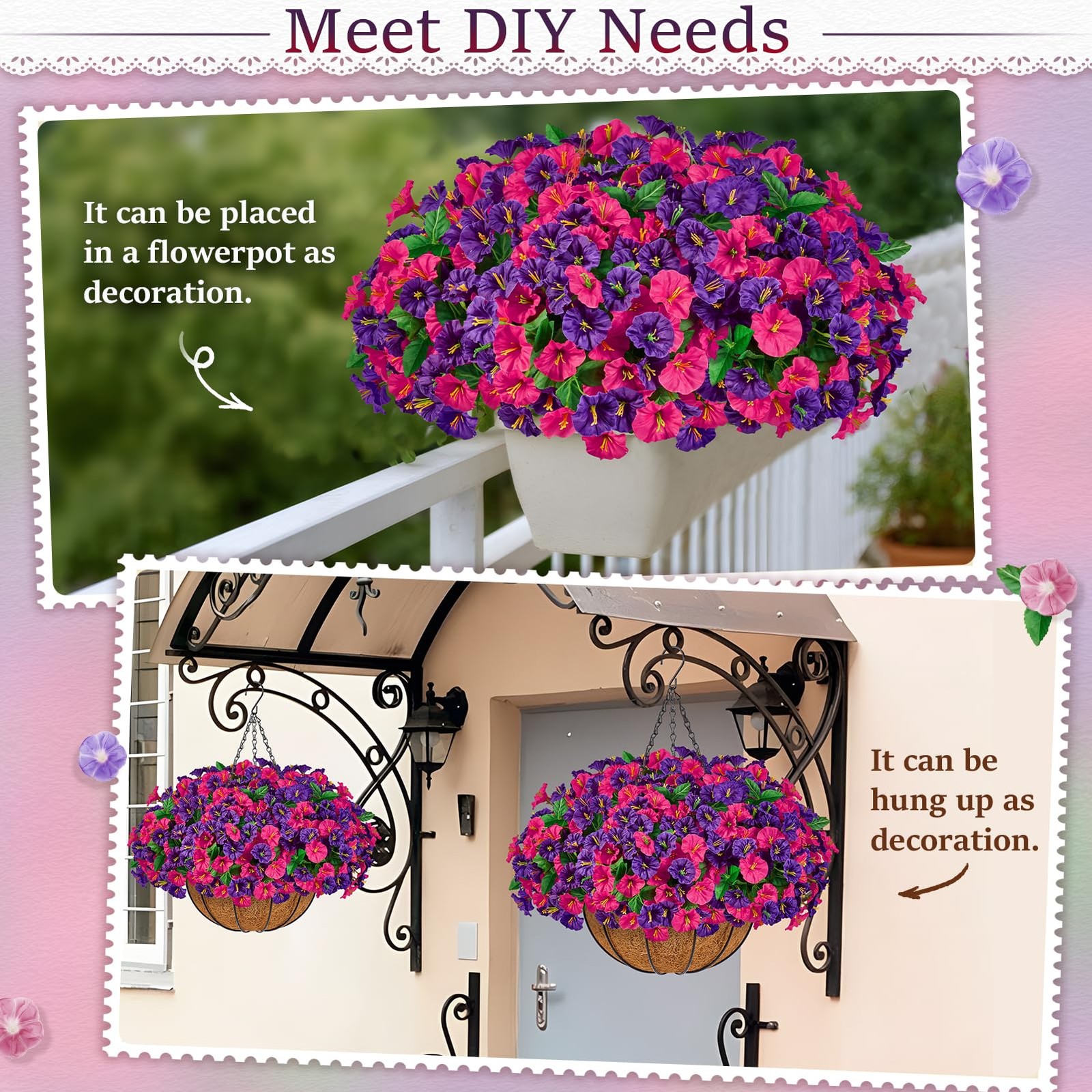 Set of 2 Artificial Hanging Flower Baskets for Outdoor Decor, 16 Bundles Faux…