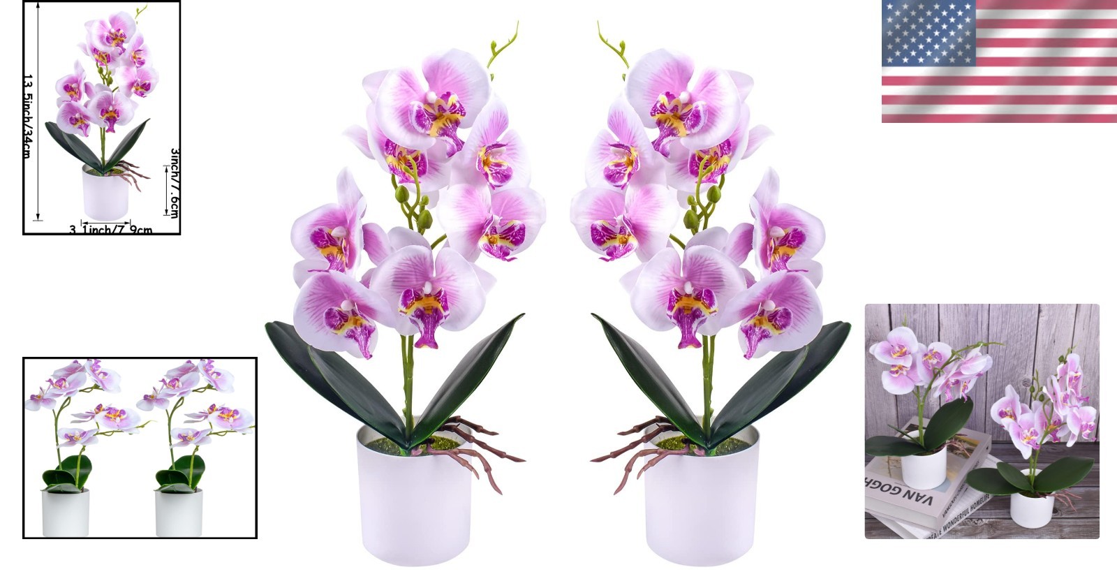 2-Piece Set of Flexible Silk Orchids in Round Plastic Vases – Versatile Decor