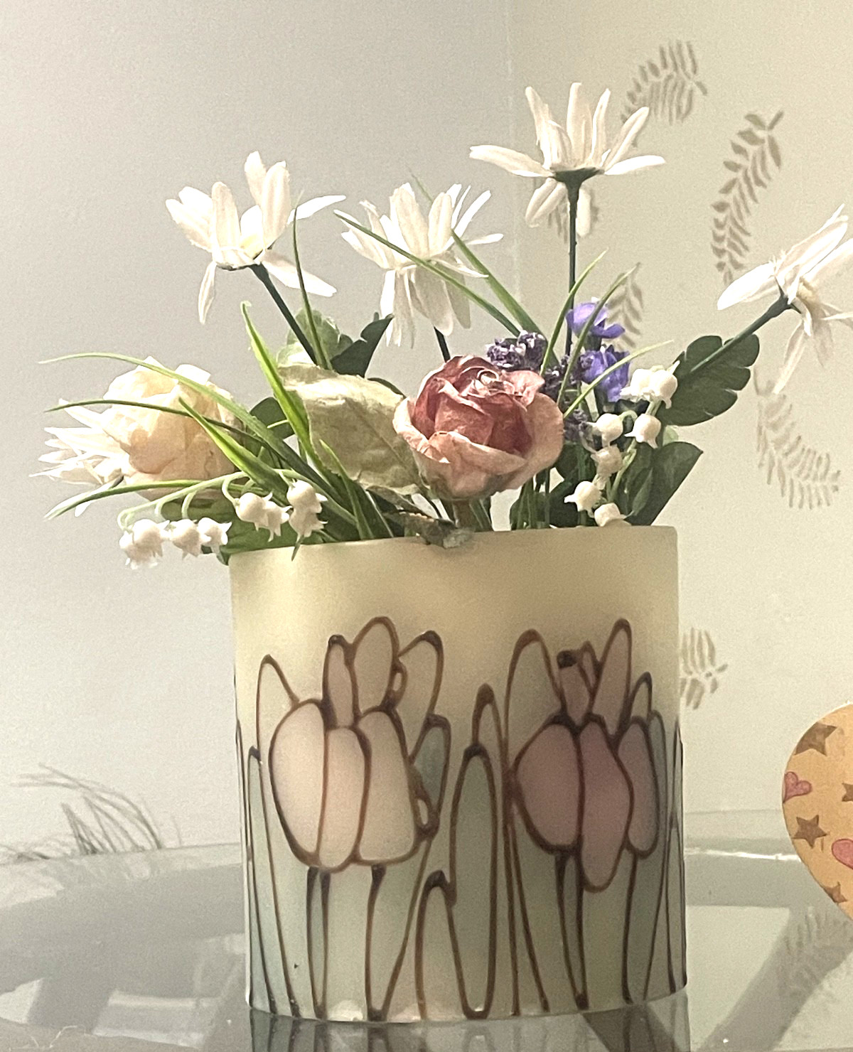 2-Piece Pretty Silk Flower in Wax Vase w/Nice Painted Wooden Heart