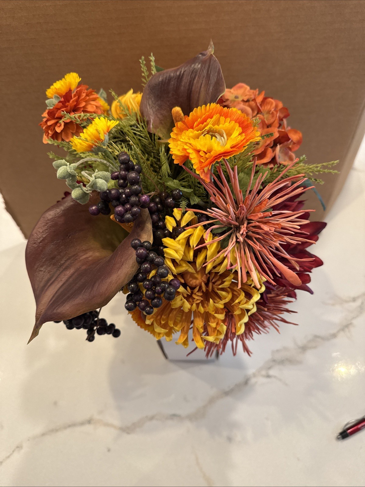 PETALS SPIDER MUM & Blackberries Silk Flowers Centerpiece 11” Height & 13” Width