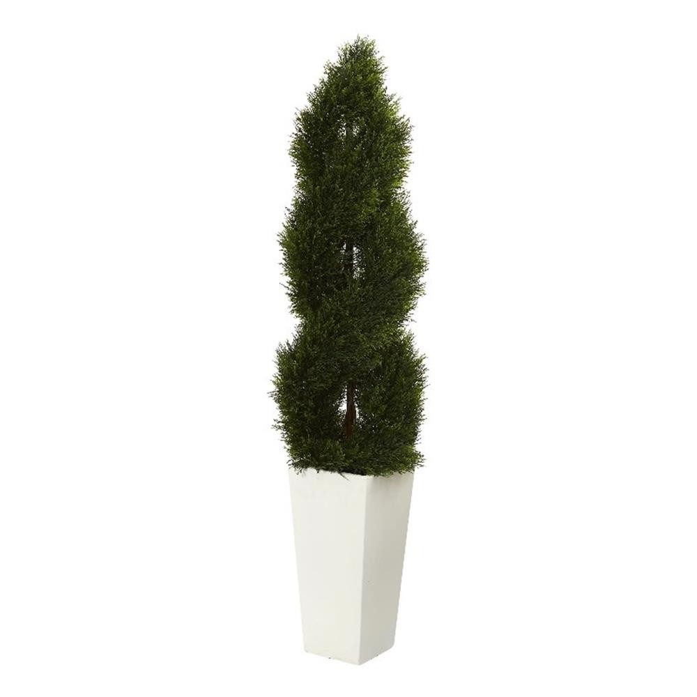 Nearly Natural 5.5ft Spiral Pond UV Resista Cypress Tree in White Tower Planter