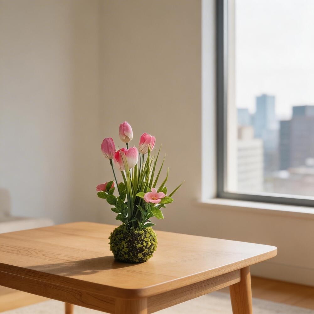 Artificial Tulip Flower with Moss Ball Base for Modern Scandinavian Decor Style