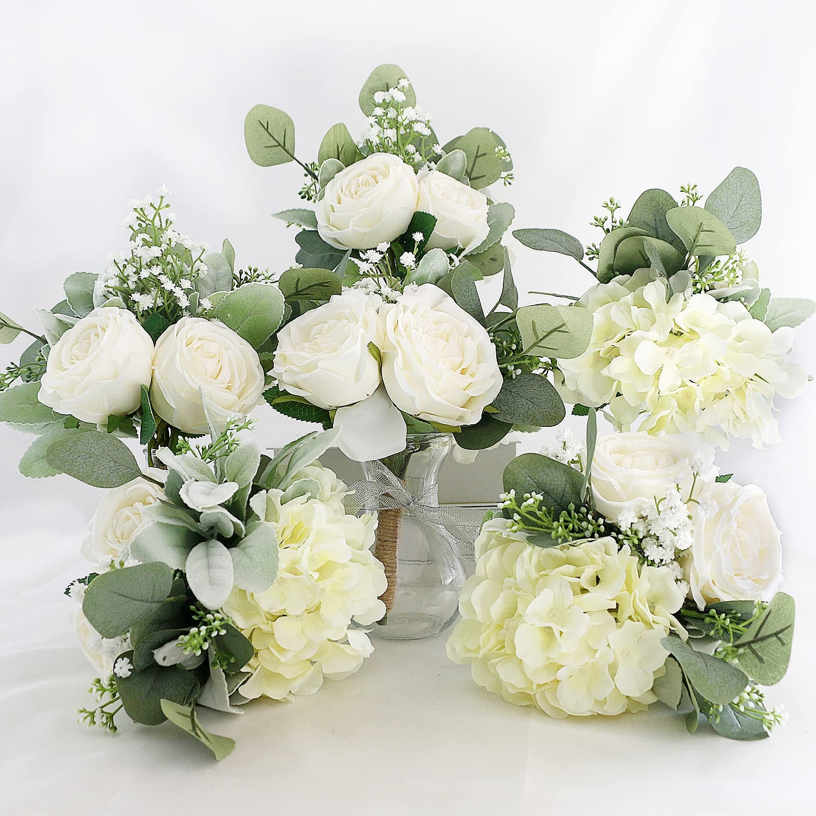 Bridesmaid Bouquets Set of 6 – Ivory White Artificial Flowers Bouquet for Bri…