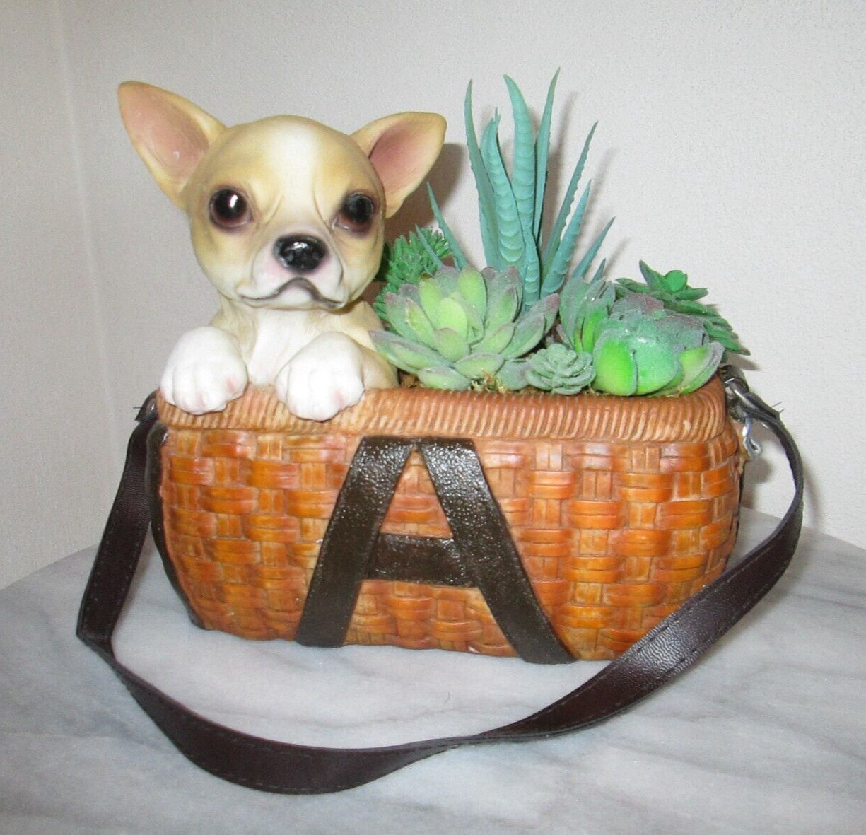 Chihuahua Dog Planter w Faux Succulents Ceramic Basket 7″ x 8″ room Decor