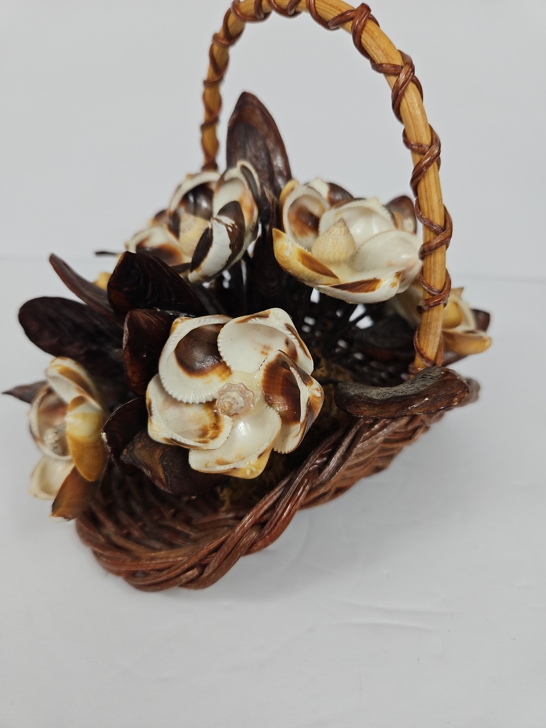 Seashell Art Floral Arrangement In Basket BOHO Vintage handmade decor 6 1/2″tall