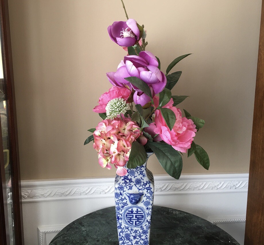 Chinese Blue White Double Happiness Vase Artificial White, Purple Pink Flowers
