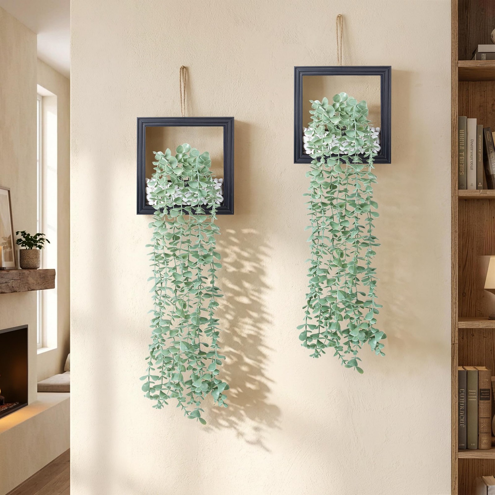 2 Pack Fake Plants Hanging, Artificial Eucalyptus Vines in Square Wooden Fram…