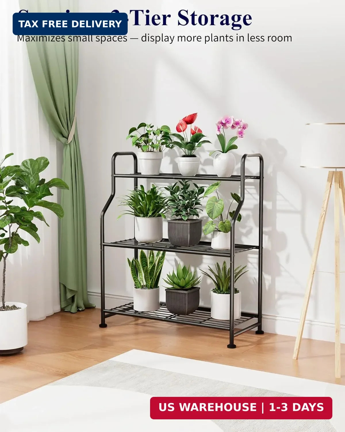 Kitsure Plant Stand Indoor & Outdoor – 3-Tier Metal Plant Shelf with Adjustable