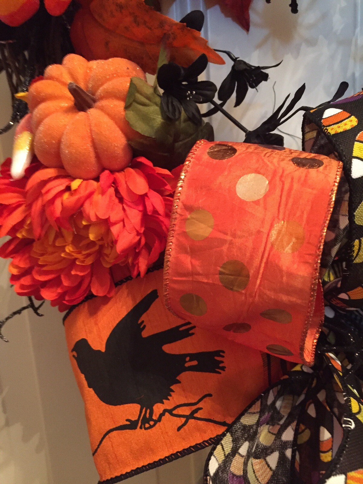 Halloween Spooky Wreath With A Black Evil Crow And Creepy Black Spiders