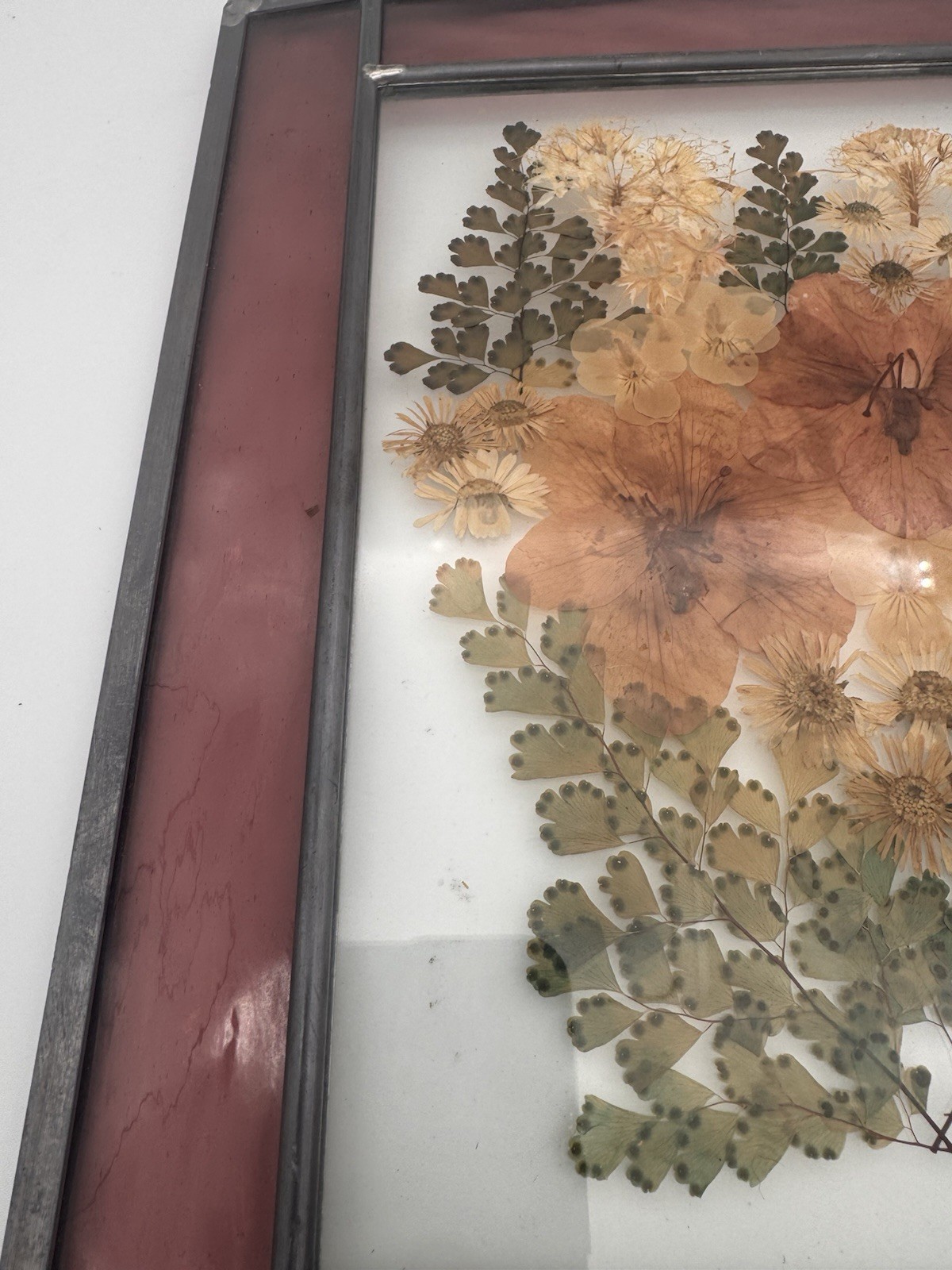 Pressed Dried Flowers Stained Glass Purple Pewter Frame Wall Window Hanging