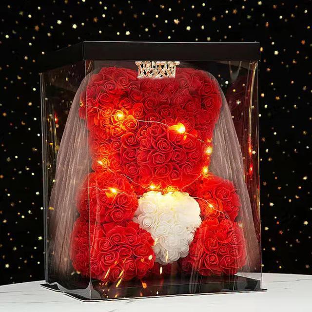 25cm Artificial Teddy Rose Flower Bear with Box Romantic Valentines Day Gift Gir