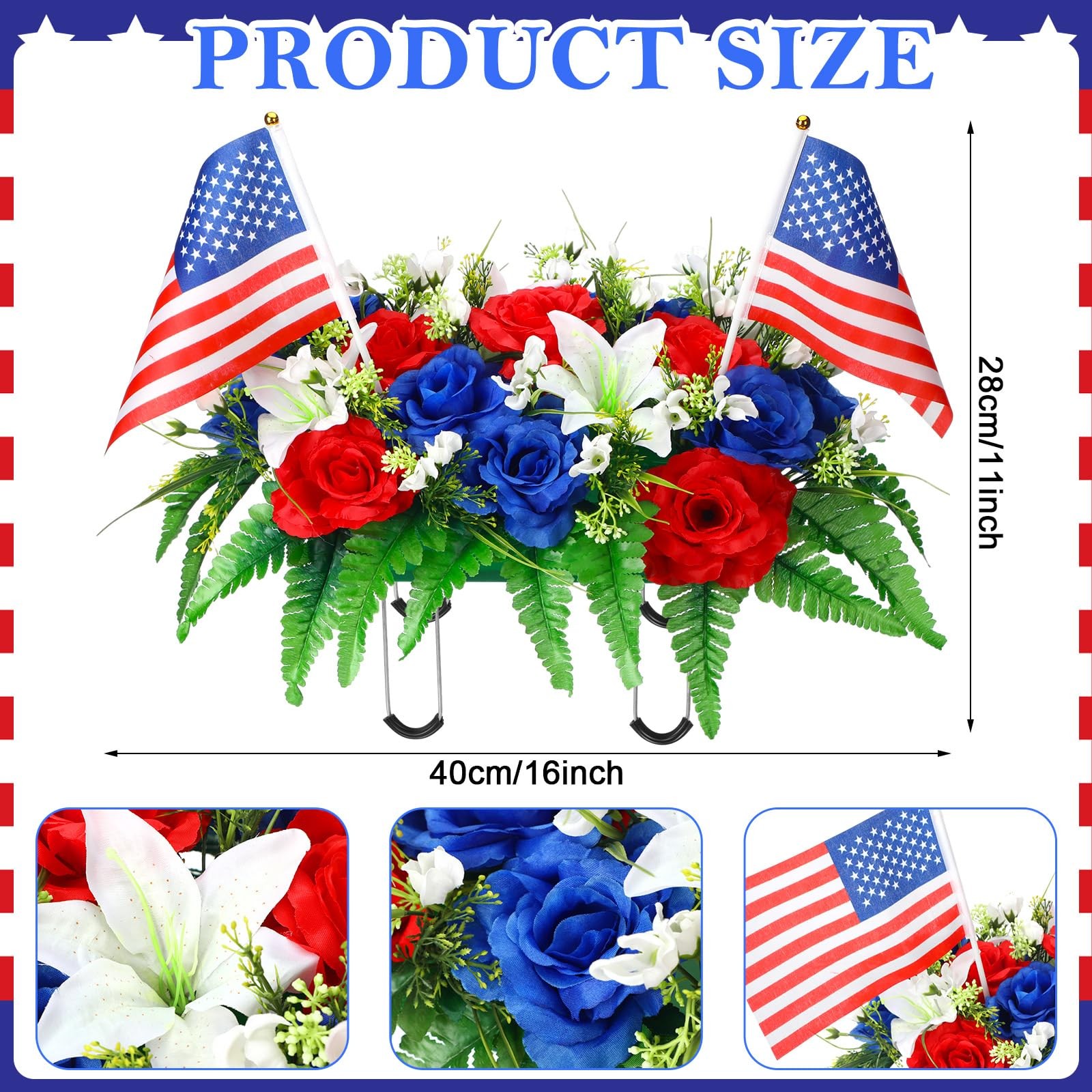 Patriotic Headstone Flower Saddle with American Flags, Red White Blue 4th of …
