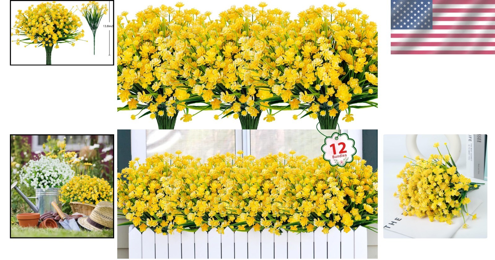 Elegant Yellow Artificial Flowers: 12 UV Resistant Bundles for Charming Spaces