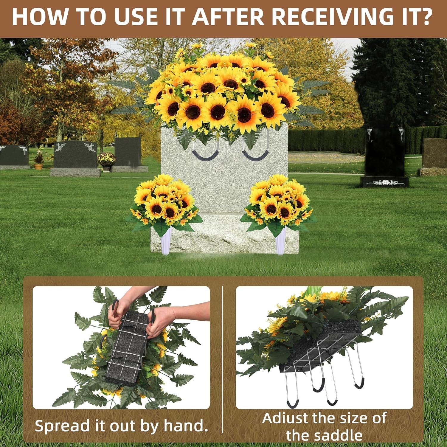 Artificial Cemetery Flowers Grave Saddle Silk Sunflowers Memorial Flowers 3PCS