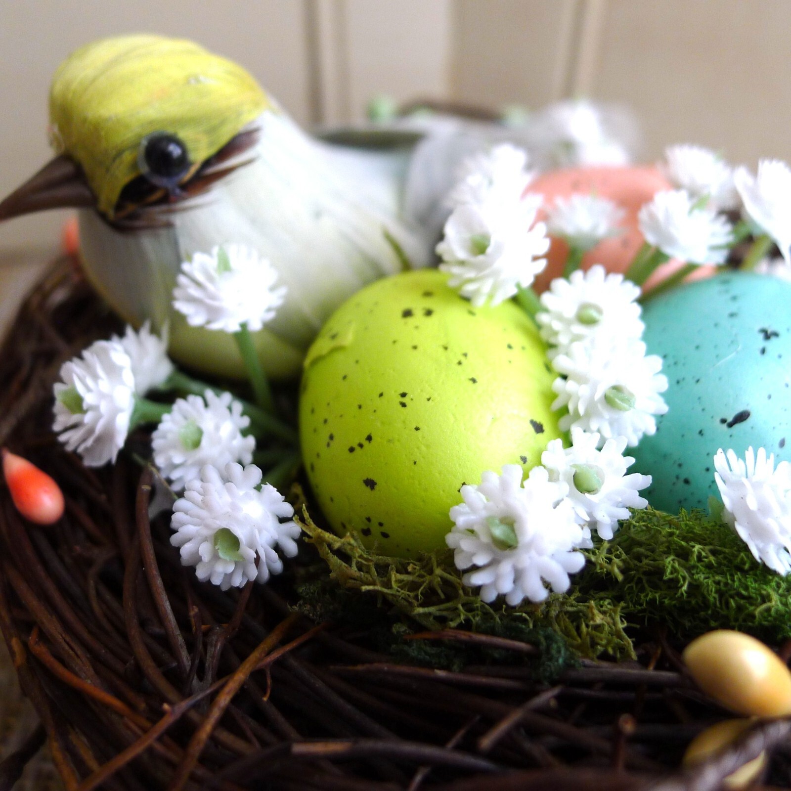Bird’s Nest Spring Decor with Eggs, Berries, Baby’s Breath Handmade for Tabletop