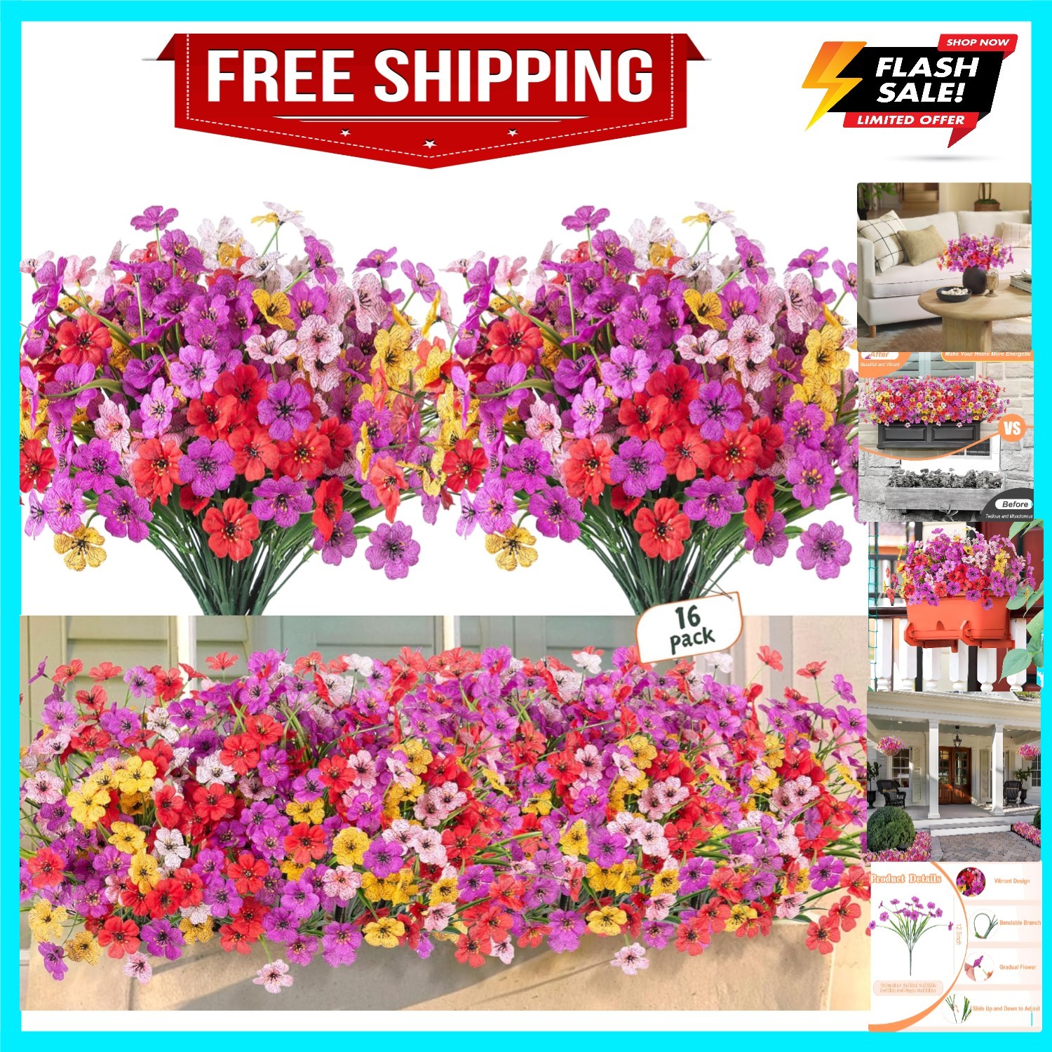 16 Pcs Artificial Fake Flowers for Outdoor Spring Decoration, Faux Silk Flowe…