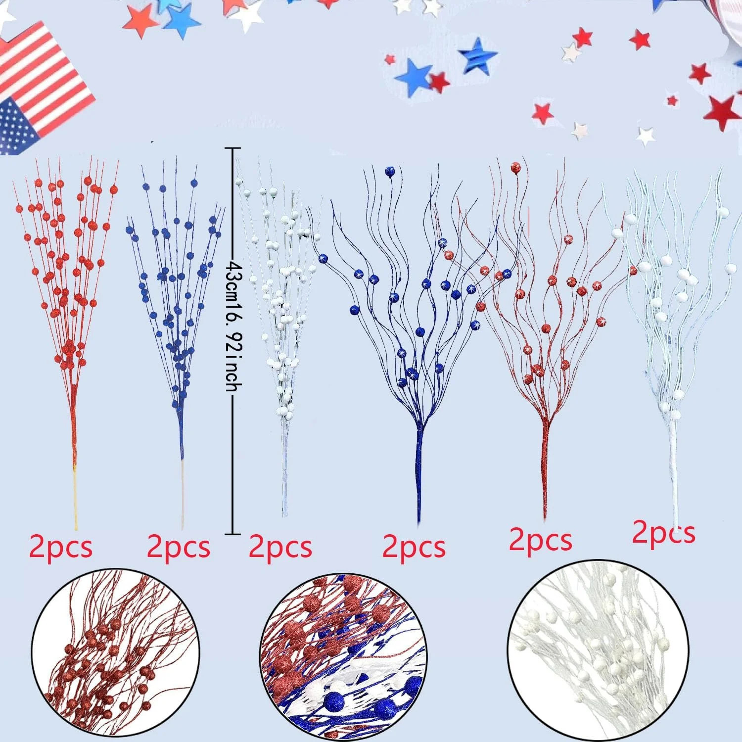 12 Pcs Artificial Patriotic Berry Stem Picks 4th of July White Blue Red Star Pic