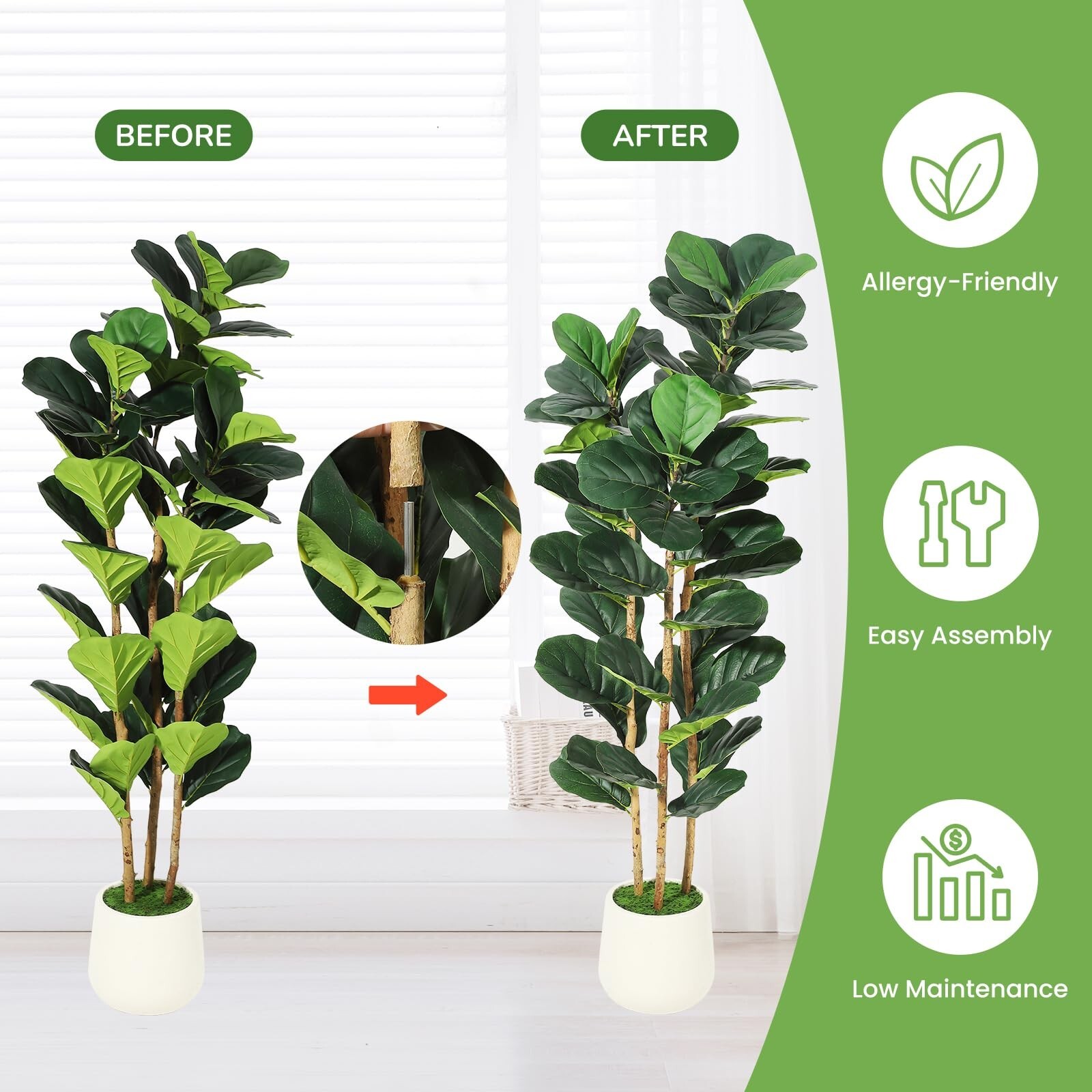 5 FT Faux Fiddle Leaf Fig Tree with White Tall Planter, Faux Trees with Artif…