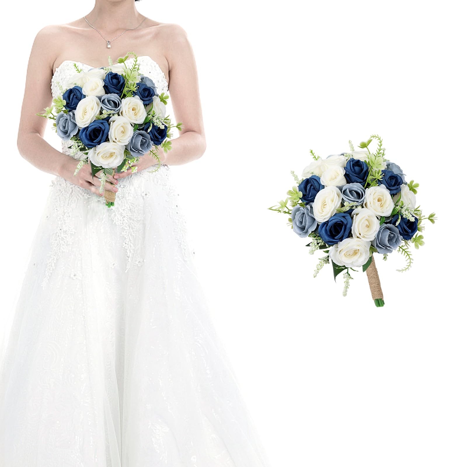 Bridesmaid Bouquets Wedding 7 Inch, Artificial Flower Navy Blue Dusty White
