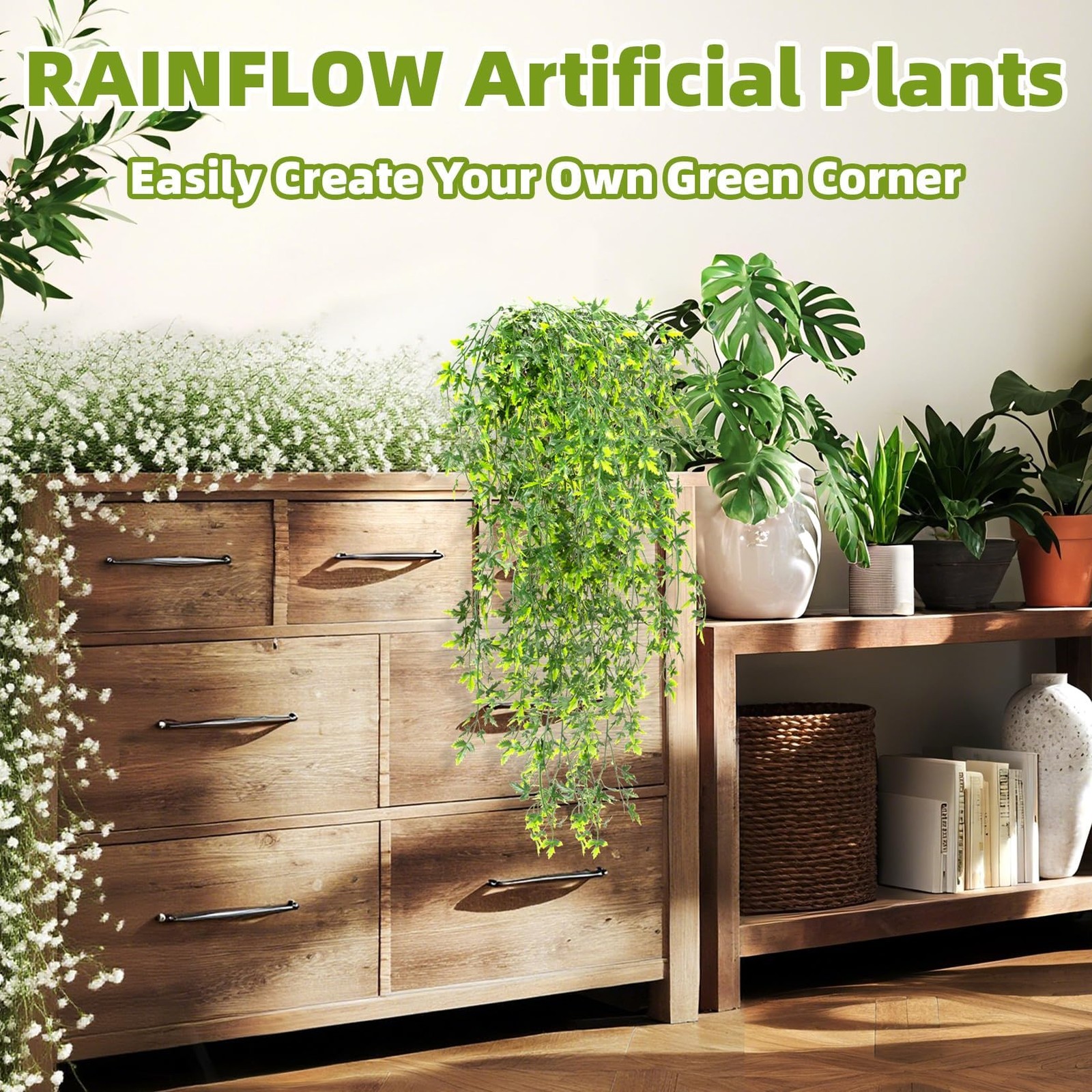 3PCS Fake Hanging Plants Lifelike Faux Plants Indoor with 45 Green Leaves, Fa…