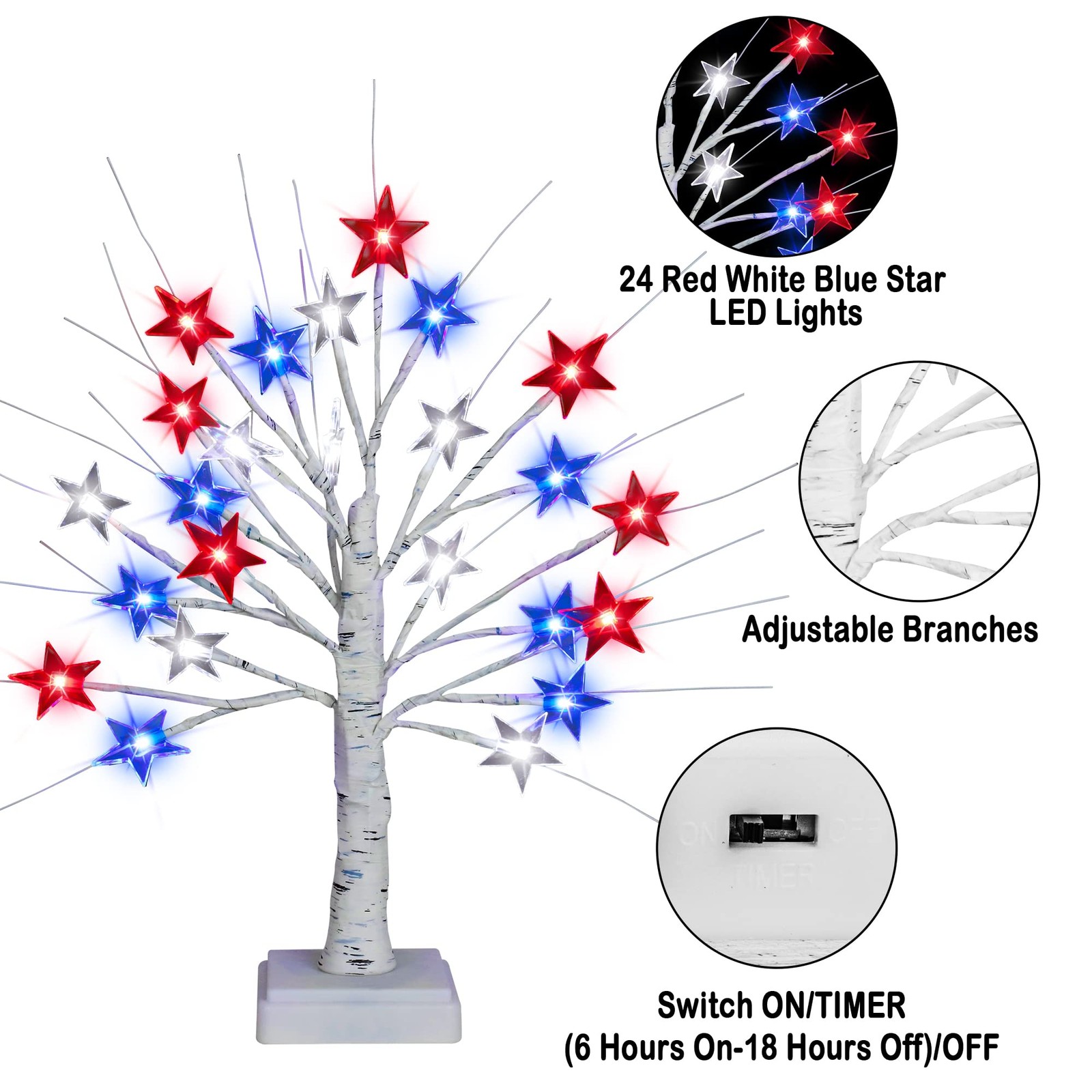 [Timer] 2 Pack 18 Inch 4th of July Patriotic Decorations Tree Light with 24 L…