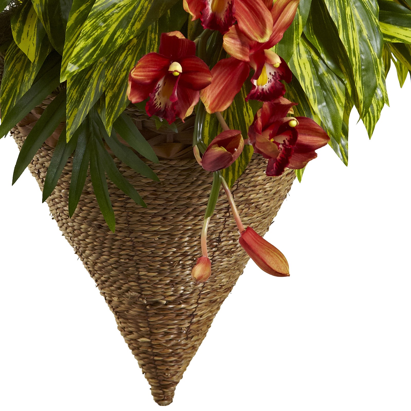 Nearly Natural Mixed Tropical & Cymbidium Hanging Basket in Red