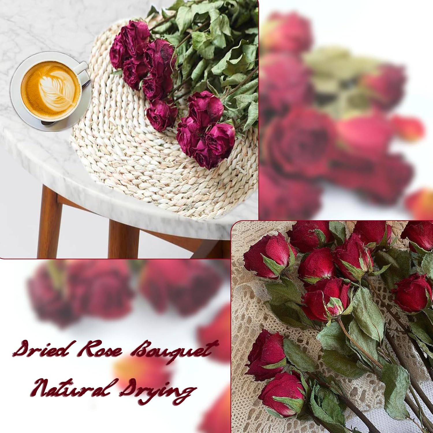 Natural Dried Flowers Bouquet, 10 Pcs Red Dried Roses Bouquet for Wedding Decora