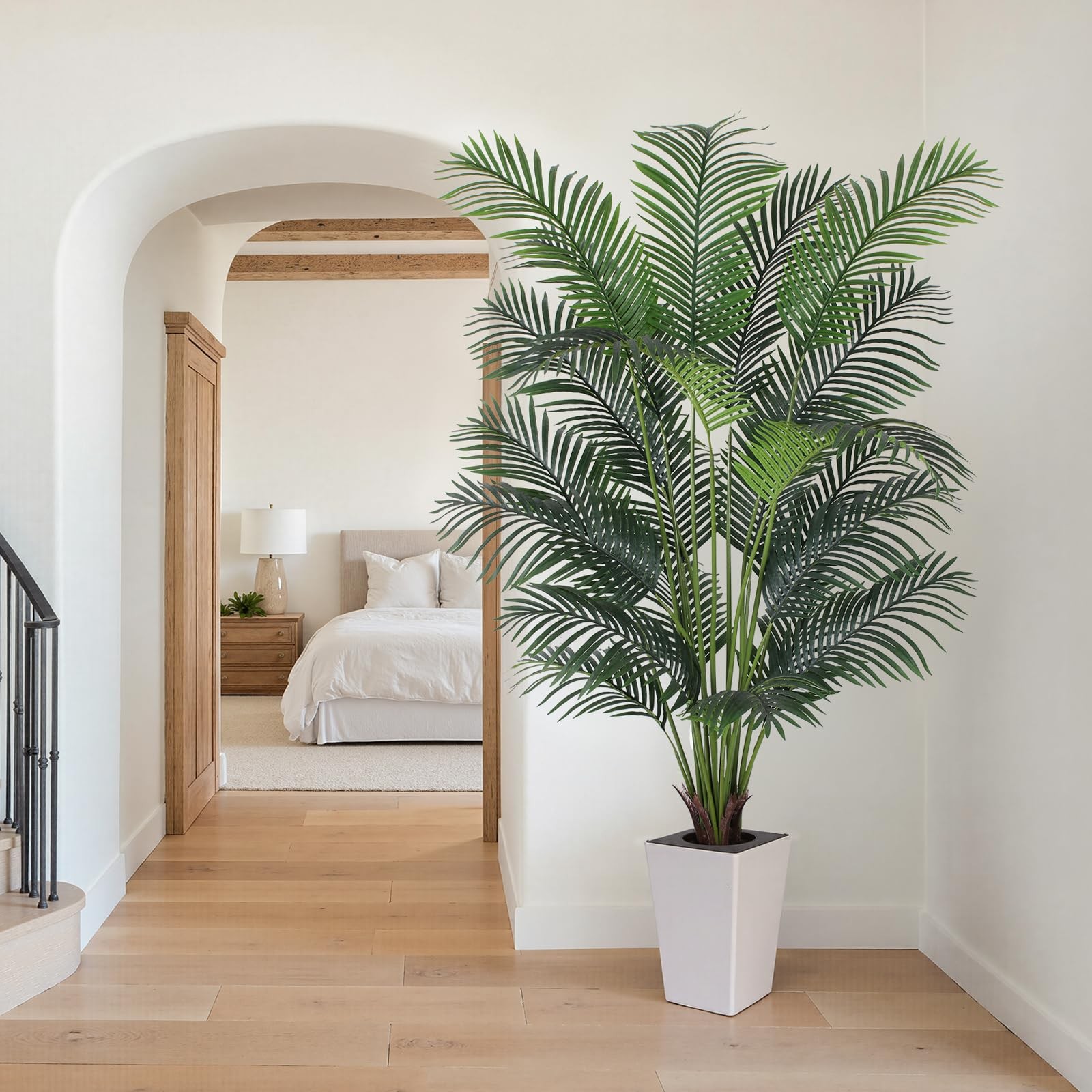 Artificial Palm Tree with White Tall Planter, 7ft Tall Potted Artificial Silk…