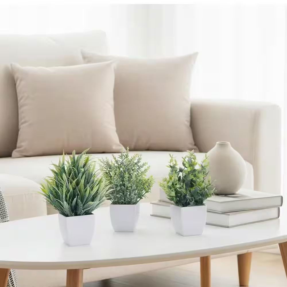 Small Artificial Greenery Plants in White Pot Garden Statue, 4-Pack