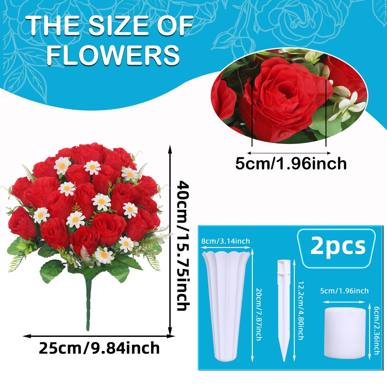 Artificial Cemetery Flowers Red Roses 2 Bouquets 2 Vases Memorial Set