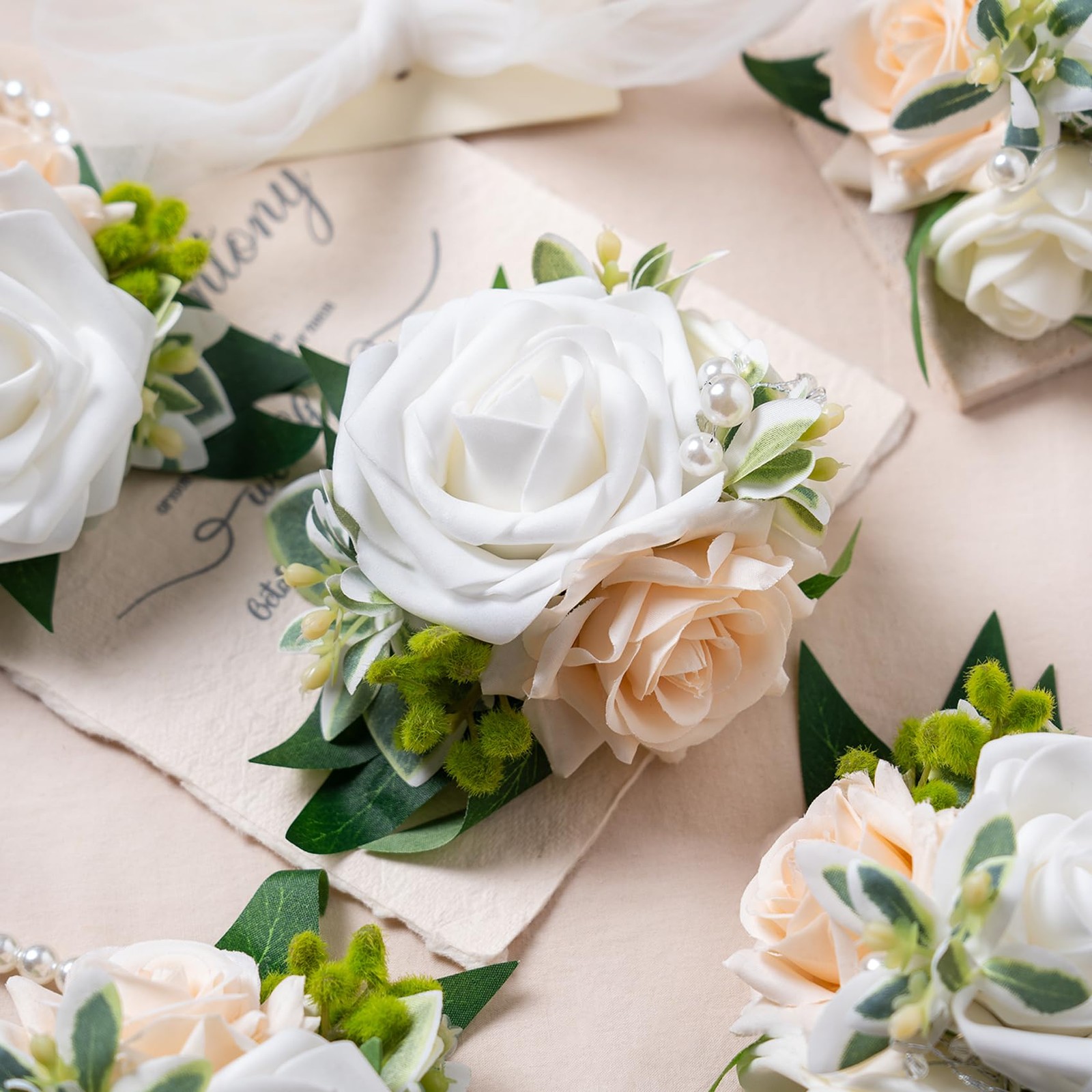 6 PCS White Wrist Corsage Homecoming Flower Girl Bridesmaid Wedding Prom Decor