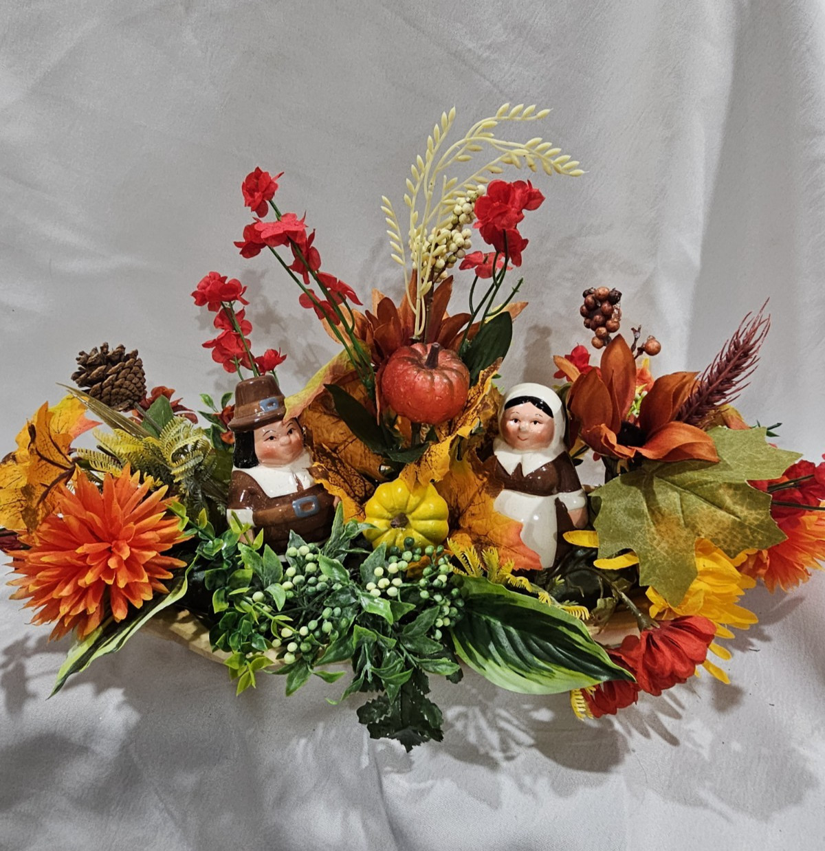 Artificial Flower Arrangement THANKSGIVING Pilgrams, Pumpkins 16″ wide 11″ tall