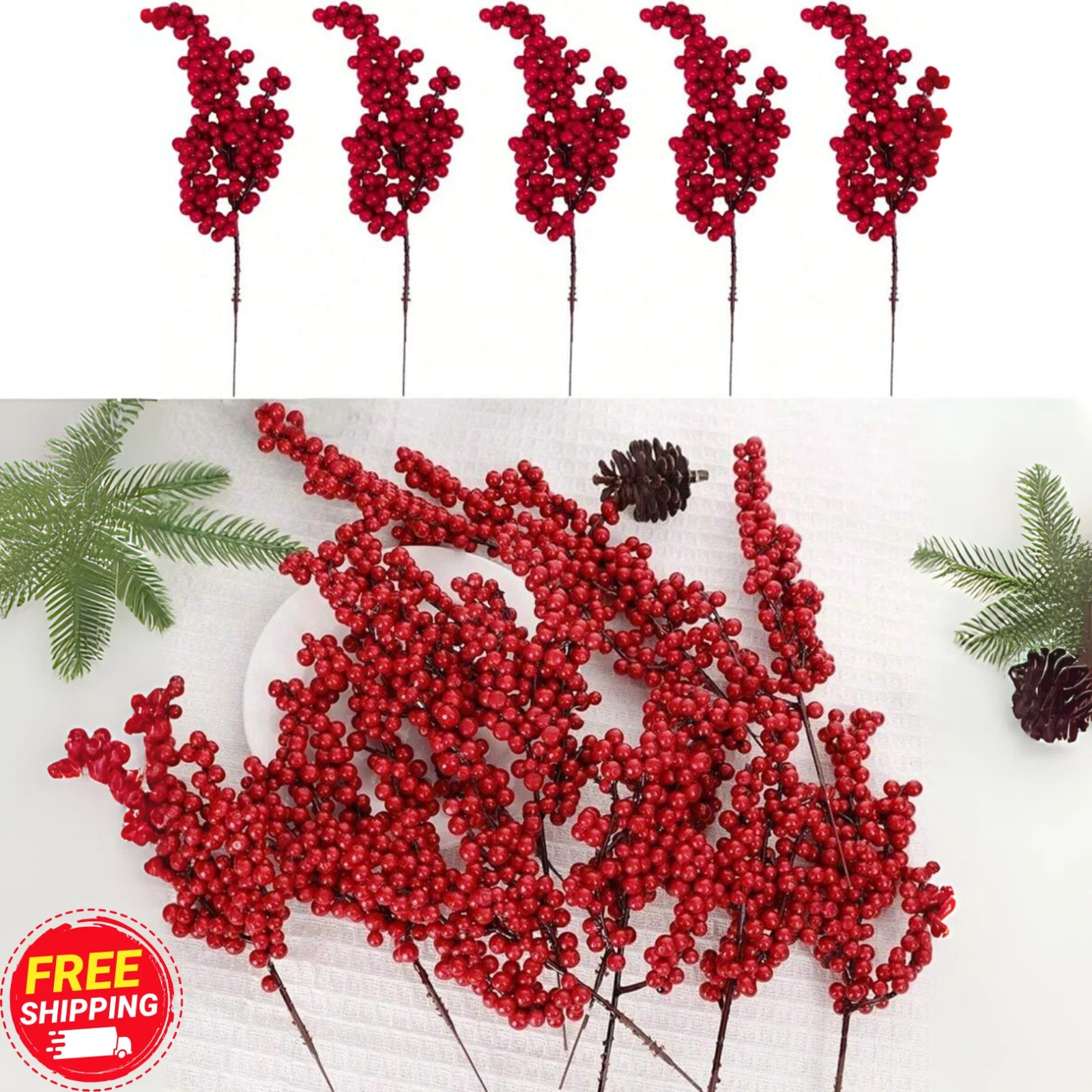5pcs Artificial Red Berry Picks with Hawthorn Red Berries Branches Home Decor