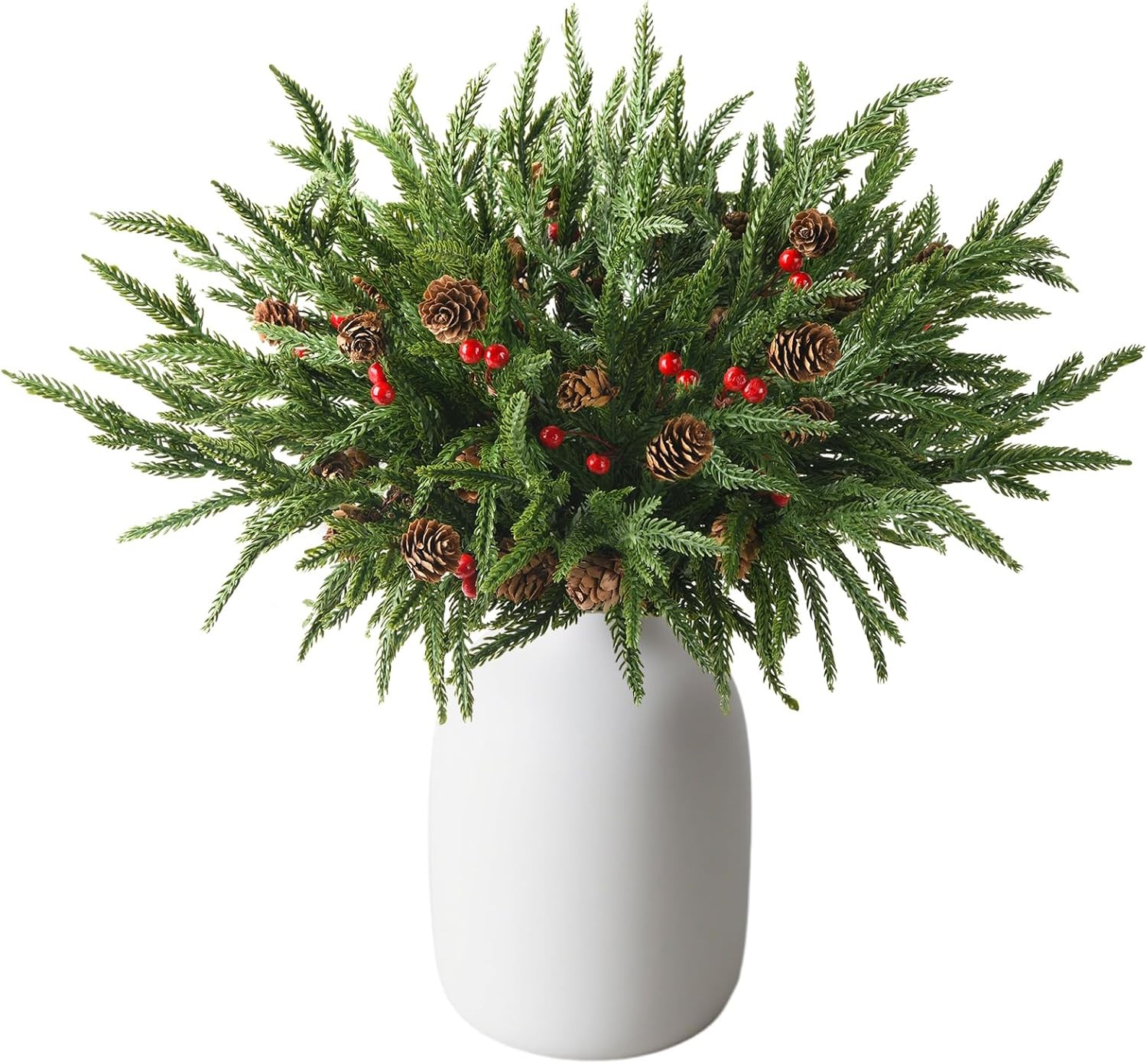 10PCS Christmas Norfolk Pine Stems, Real Touch 15 Inch Artificial Green