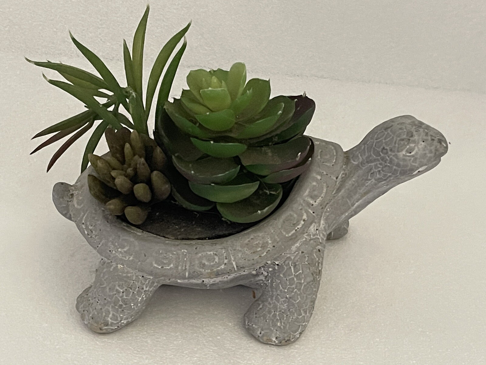 Carved Stone Turtle Potted With Faux Succulent Plants Garden Home Decor Swirls