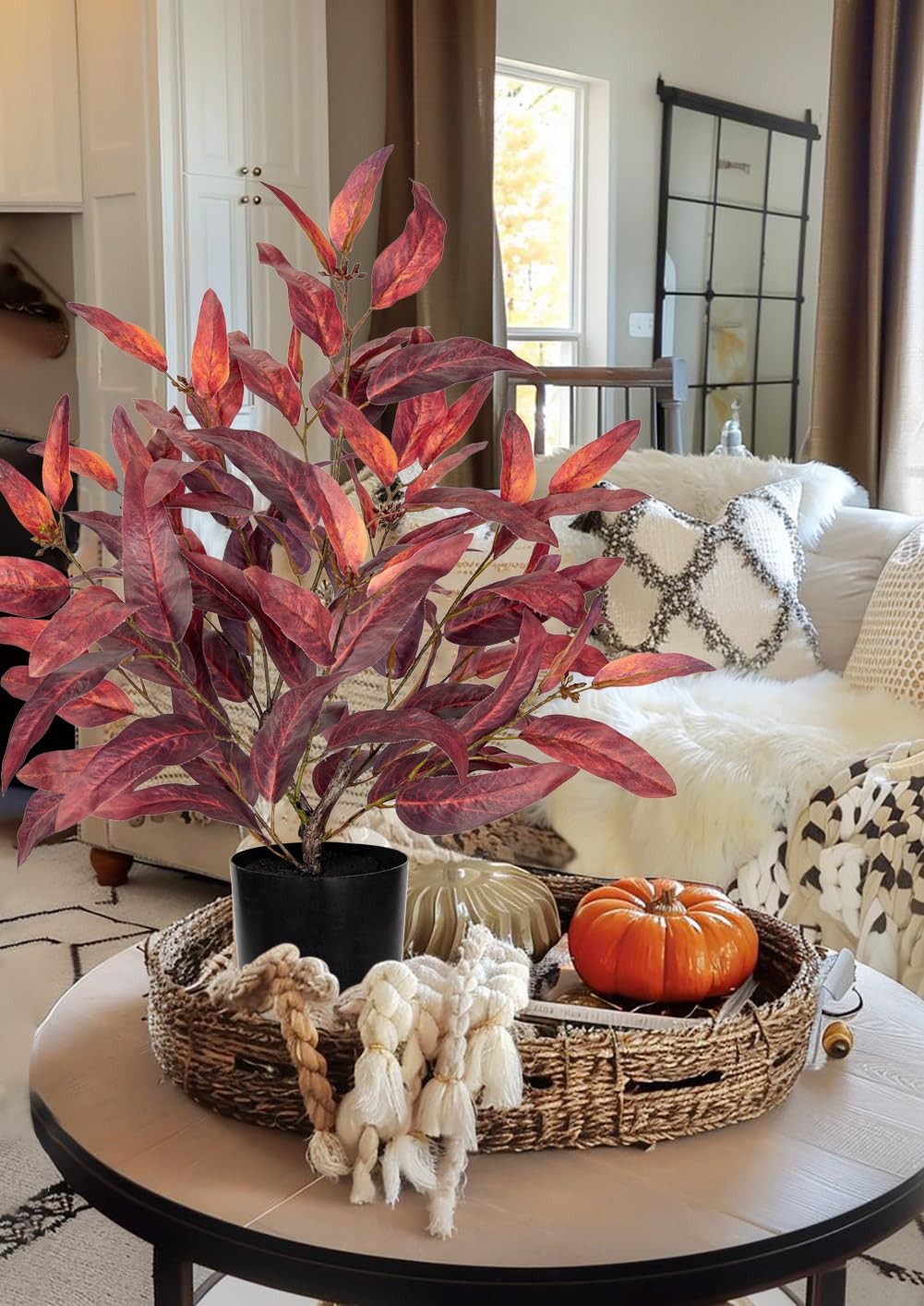 Fall Burgundy Artificial Potted Plant Black Pot 18.9 Inch Faux Eucalyptus