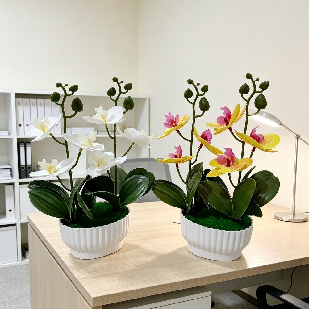 Imitation Orchid Plant with 6 Blooms 6 Leaves in Pot 26cm Indoor Decor