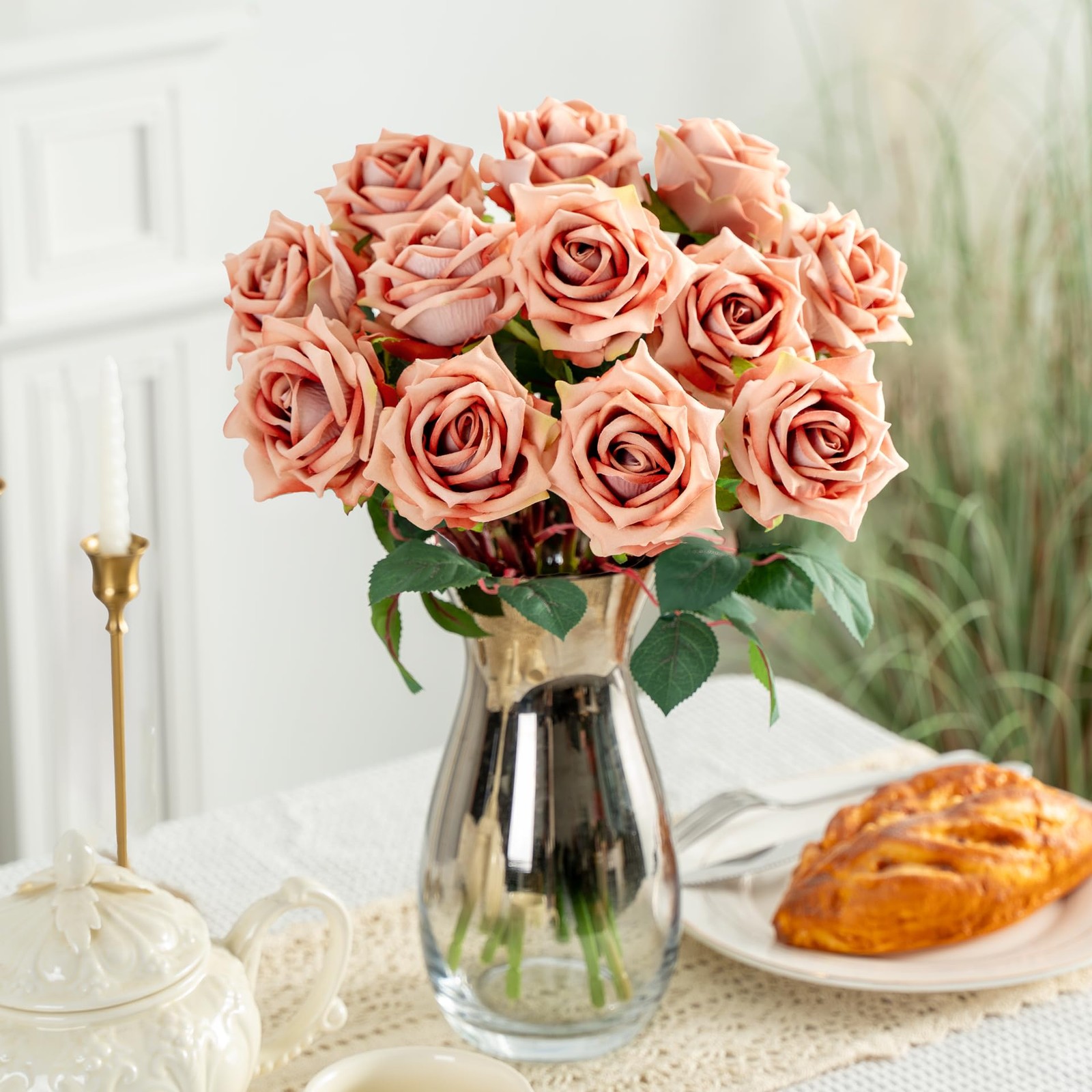 Fake Roses Faux Flowers Silk Roses 16.5In Artificial Roses with Stems Realist…
