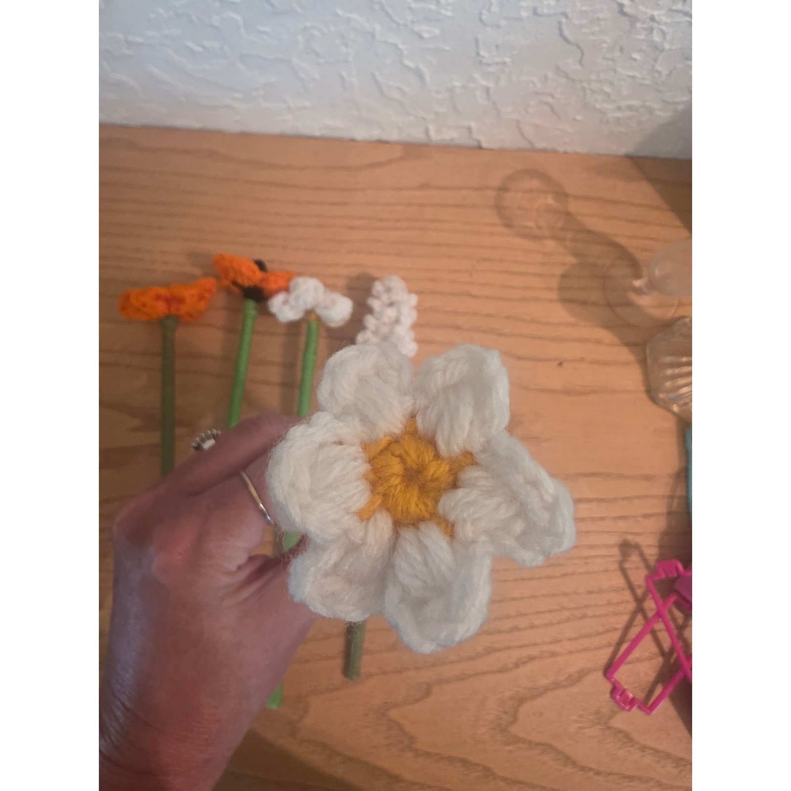 Handmade Crochet Flower Bouquet Orange White Floral Arrangement 5 Piece Set