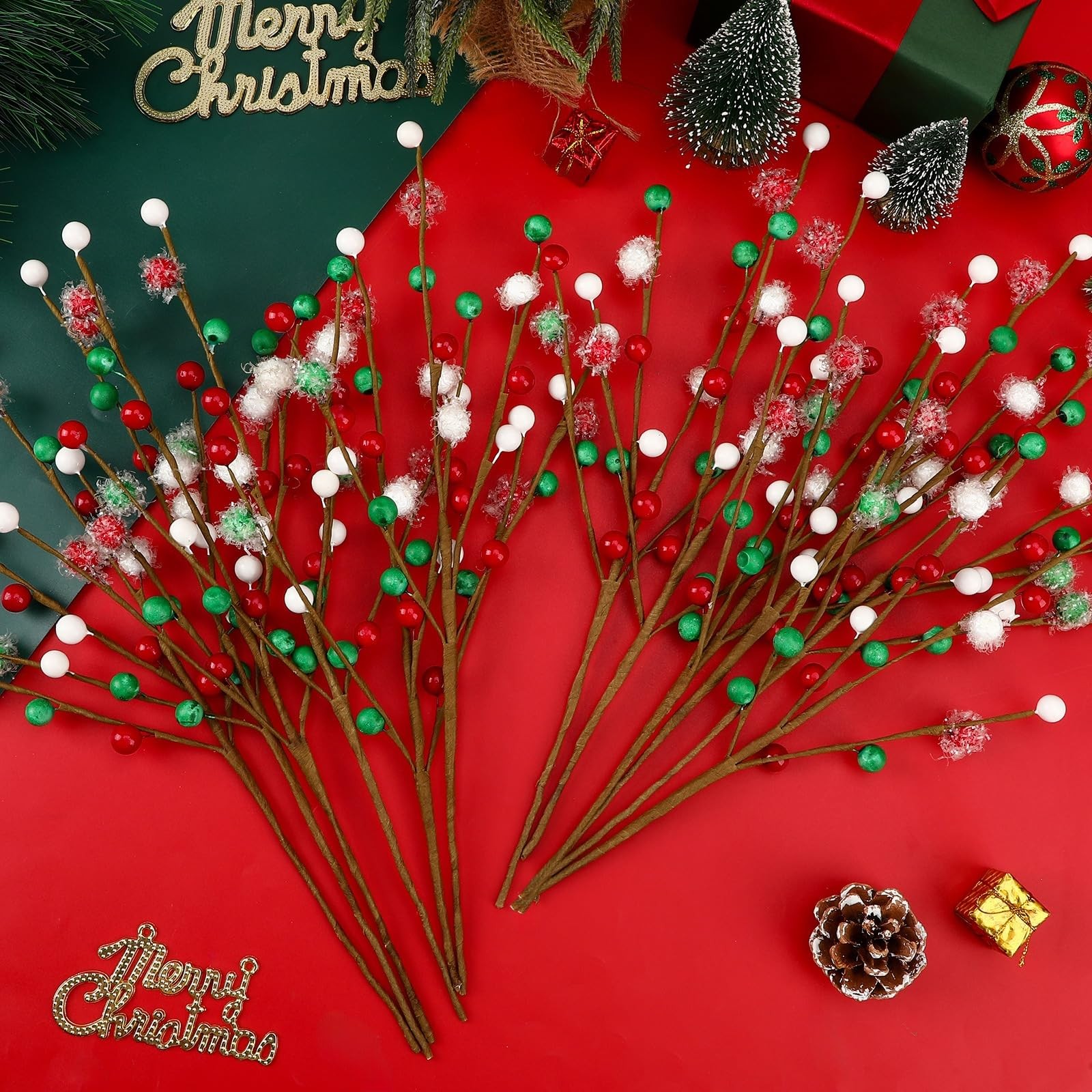 12 PCS Christmas Tree Picks Decorations,Red Green White Artificial Berry Bran…