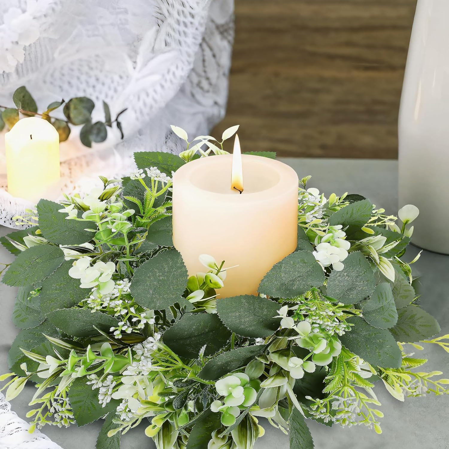 6 Pcs Artificial Eucalyptus Candle Rings Wreaths | 9 Inch Small Eucalyptus Wreat