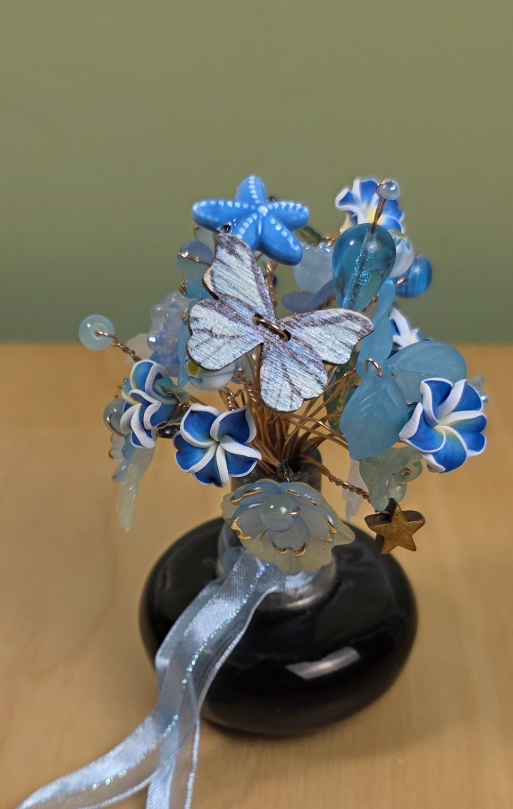 Forever Beaded Flower Bouquet – Glass & Acrylic in Doorknob Vase – OOAK – Blue