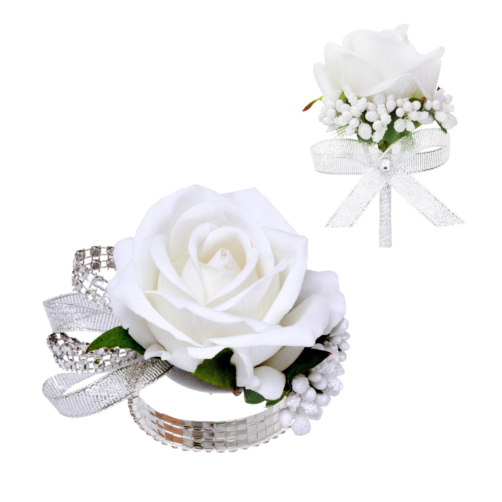 2Pcs White Rose Corsage and Boutonniere Set, Corsage Wristlet Band for Prom D…