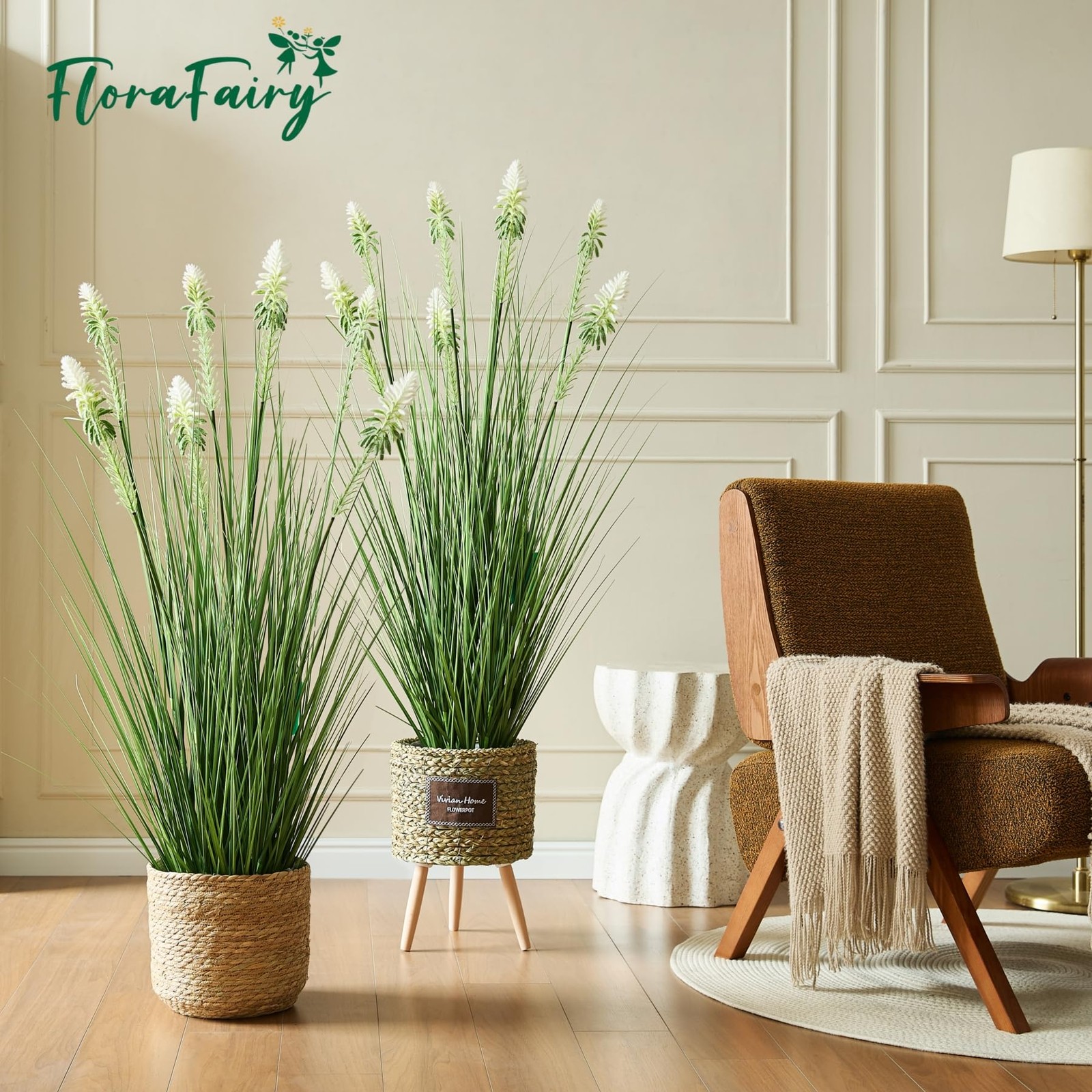 4ft 2-Pack Horsetail Reed Grass with White Cockscomb Flower, 48in Tall Indoor…