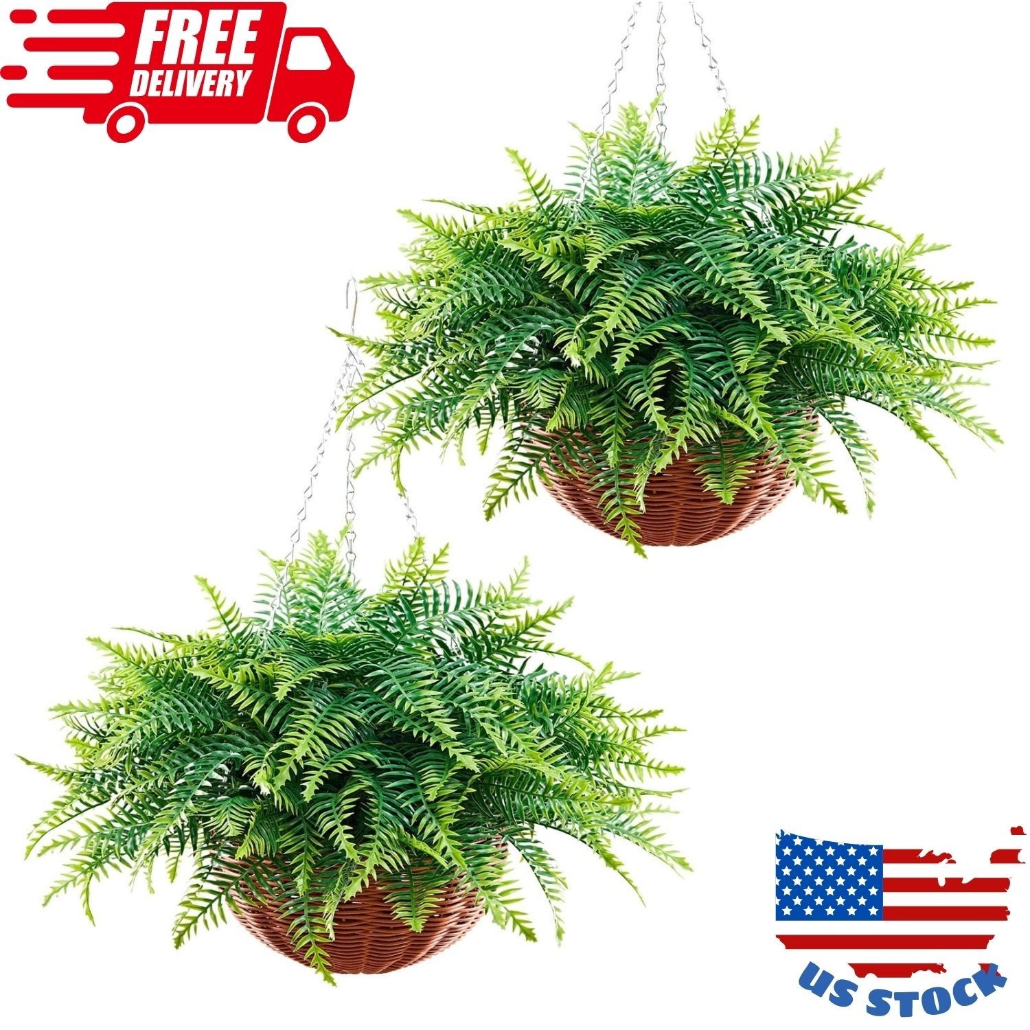 Artificial Ferns, Set of 2 Hanging Boston Fern Bush Plants with 23-Inch Length